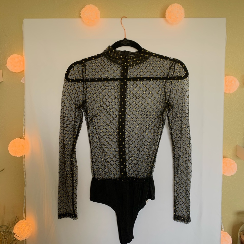 Black and gold mesh bodysuit
